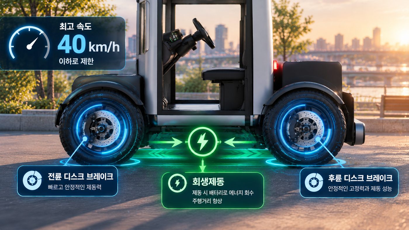 Infographic of the 40km/h speed limit, disc brakes and regenerative braking